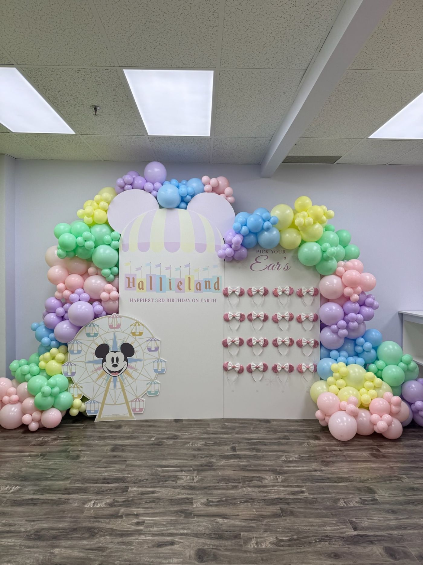 Hallieland pastel balloon arch with Minnie ears wall